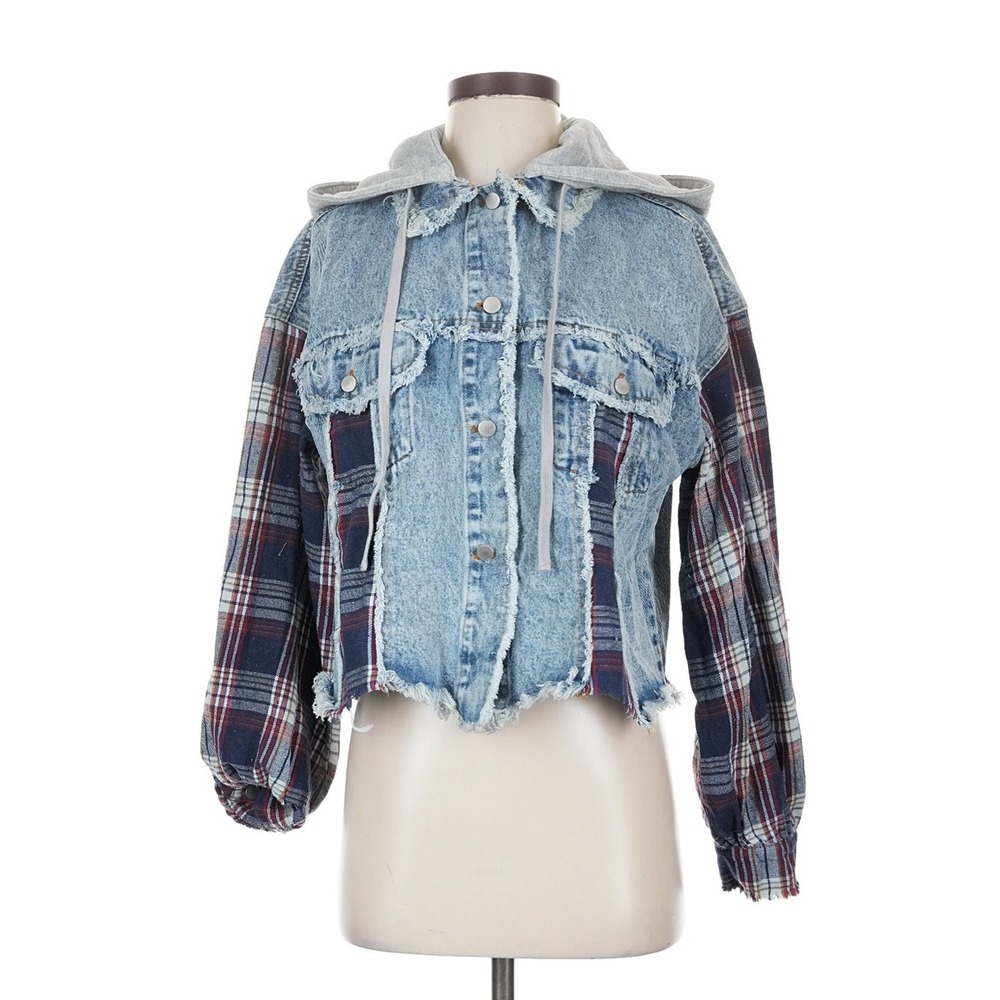 Oli & Hali Plaid Patchwork Raw Hem Hooded Denim Jacket S Oversized Y2K Boho Alt